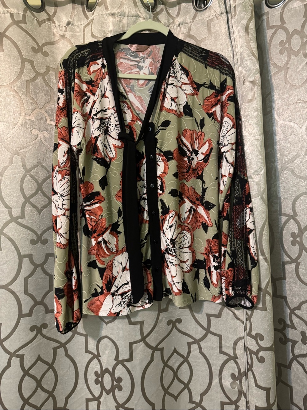 Amiana Olive, Rust & White Floral Button-Front Blouse with Black Trim